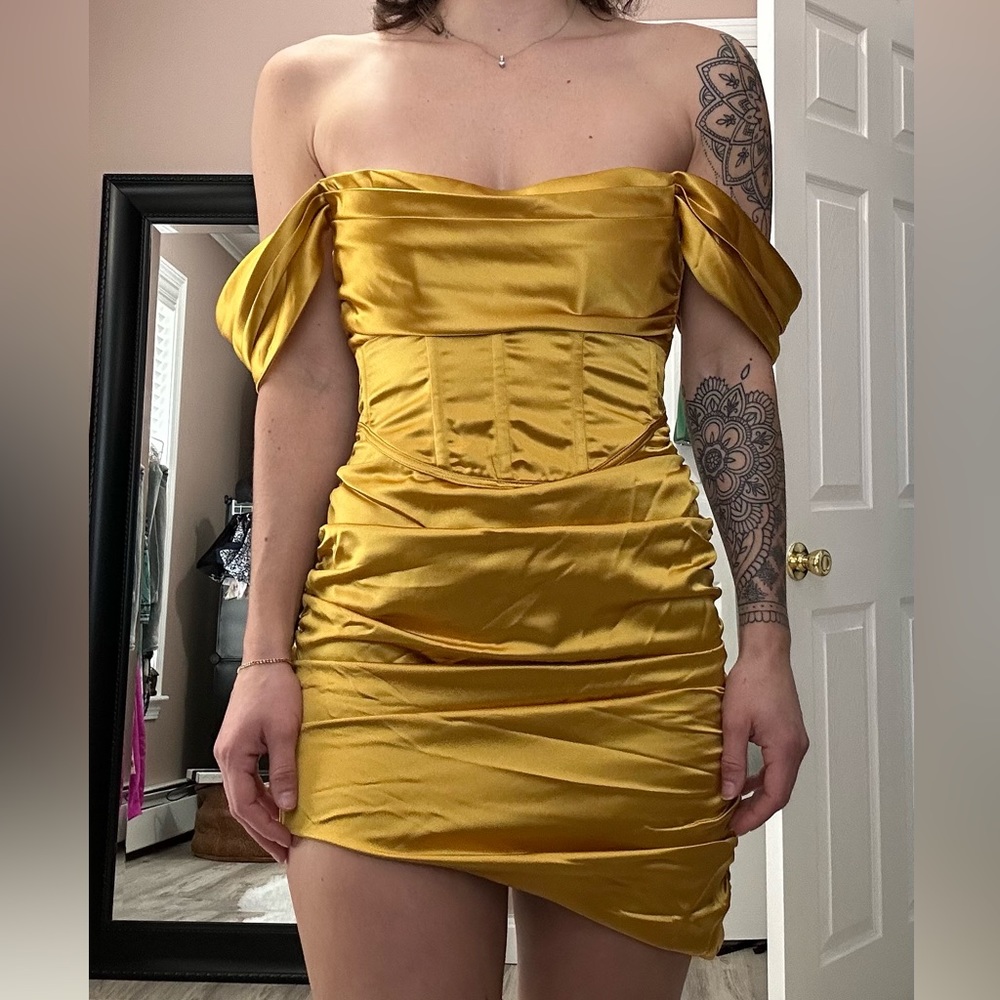 For love and lemons gold off the shoulder corset mini dress